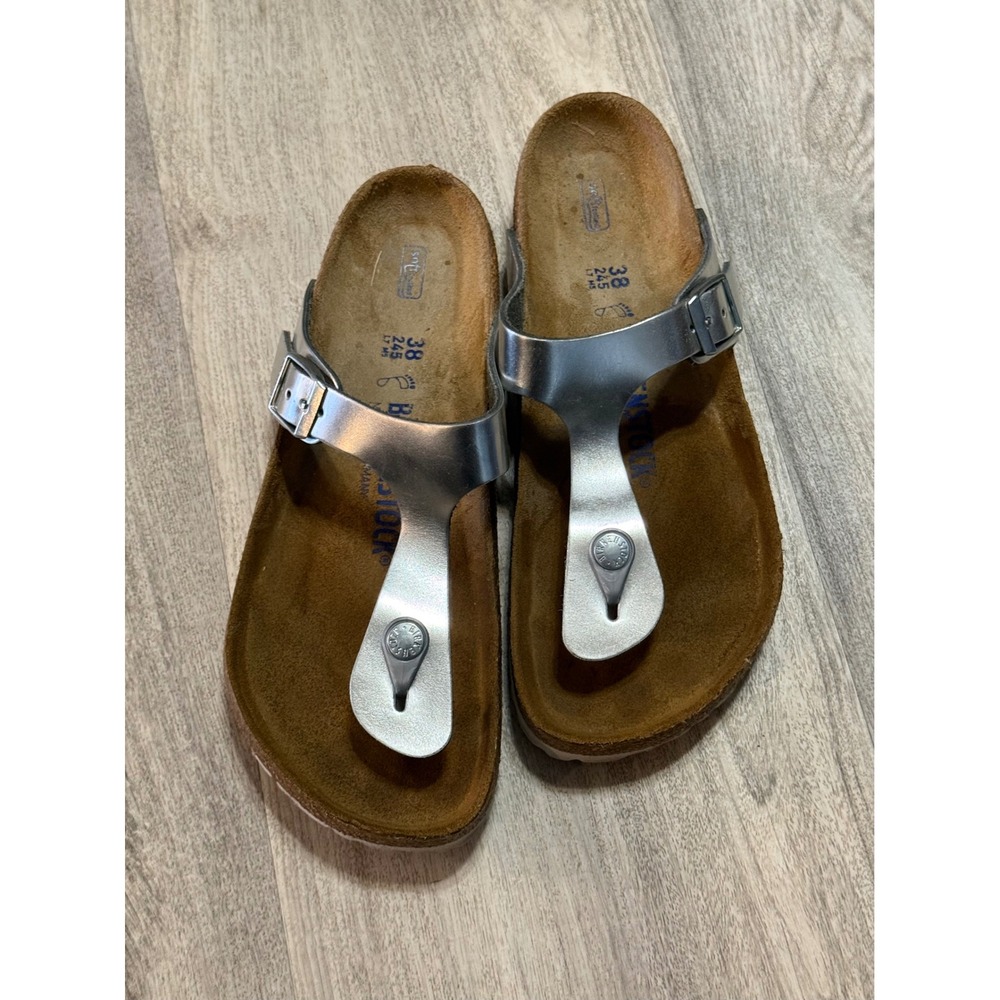 Birkenstock Gizeh Silver Metallic Thong Sandals Womens 38 7.5 Footbed